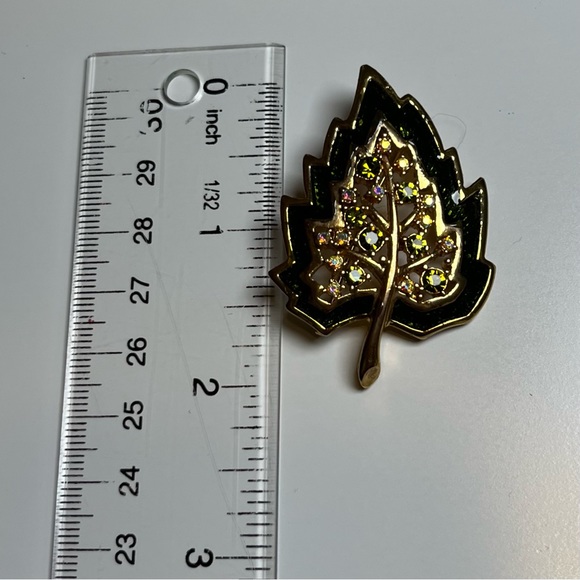 Enamel Gold Tone Leaf with Aurora Borealis and Green Stones Brooch - Picture 5 of 5